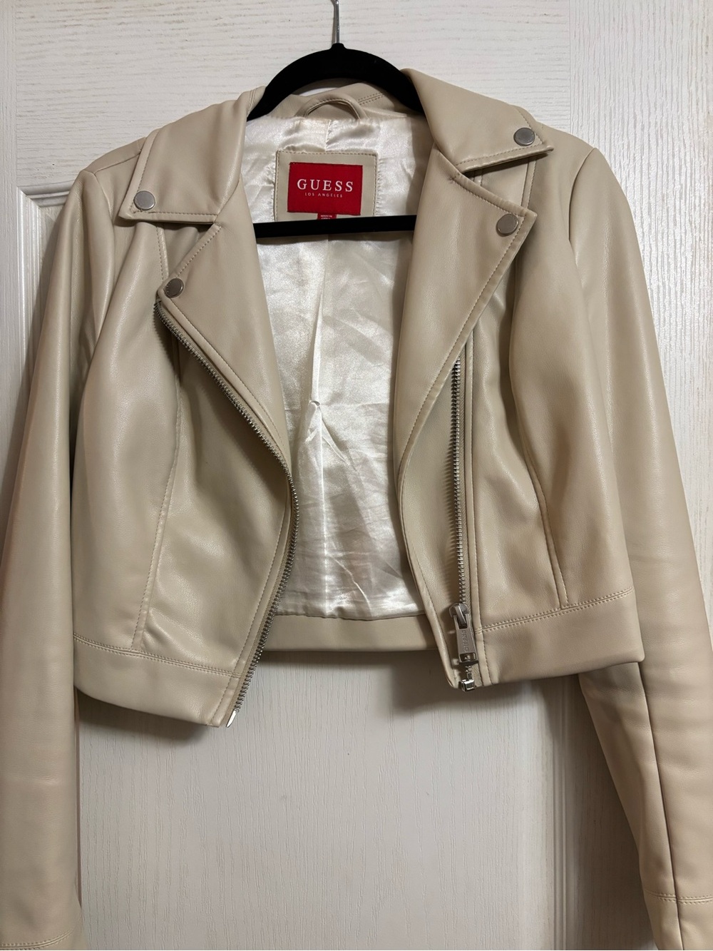 GUESS Cream Faux Leather Moto Jacket